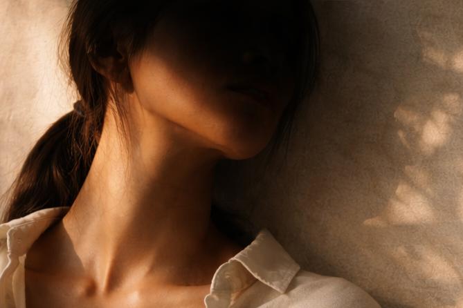 Person lying on a textured surface with soft lighting